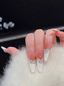 10pcs Ombre Glitter Nail Stickers, Nude & White French Manicure Nail Wraps With Rhinestones, Oval Pointed False Nails, Suitable For Wedding, Valentine's Day, Party And Daily Wear, Includes Gel Glue And Nail File, DIY Nail Art Supplies Handmade Press On Nails - Baby Pink - View 4