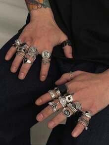 24 buah Cincin Logam Geometris Modis, Cincin Hitam Tidak Dapat Disetel, Perhiasan Pesona Hip-Hop Punk Pria - Antique Silver - View 2