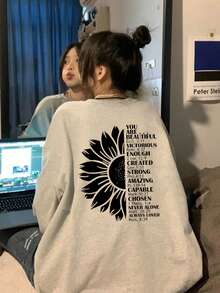 女式字母印花圆领落肩长袖休闲宽松运动衫，秋冬 - 淺花灰 - 查看 1