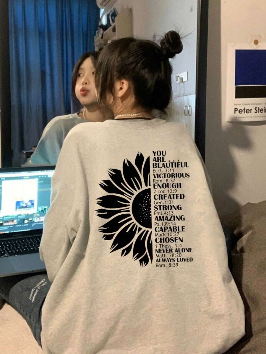 女式字母印花圆领落肩长袖休闲宽松运动衫，秋冬 - 淺花灰 - 查看 1