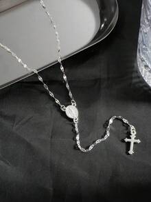 1pc Vintage Style Women's New Cross & Virgin Mary Tag Pendant Necklace With Tassel, Delicate Faith Jewelry For Daily Wear, Birthday, Anniversary, Party Gift