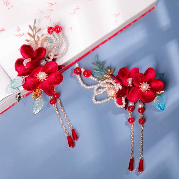 Classic Christmas Hair Accessories Red Fringe Hair Clip Ethereal Handmade Floral Hairpin Set Perfect For Holiday Parties And Bridal Hair Adornments