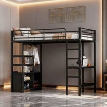 Hochbett 90x200 cm in Schwarz | Mit Schreibtisch, Steckdose+USB & Regalen | Offener Lagerschrank & Sicherheitsgeländer | Eisenrahmen ohne Matratze