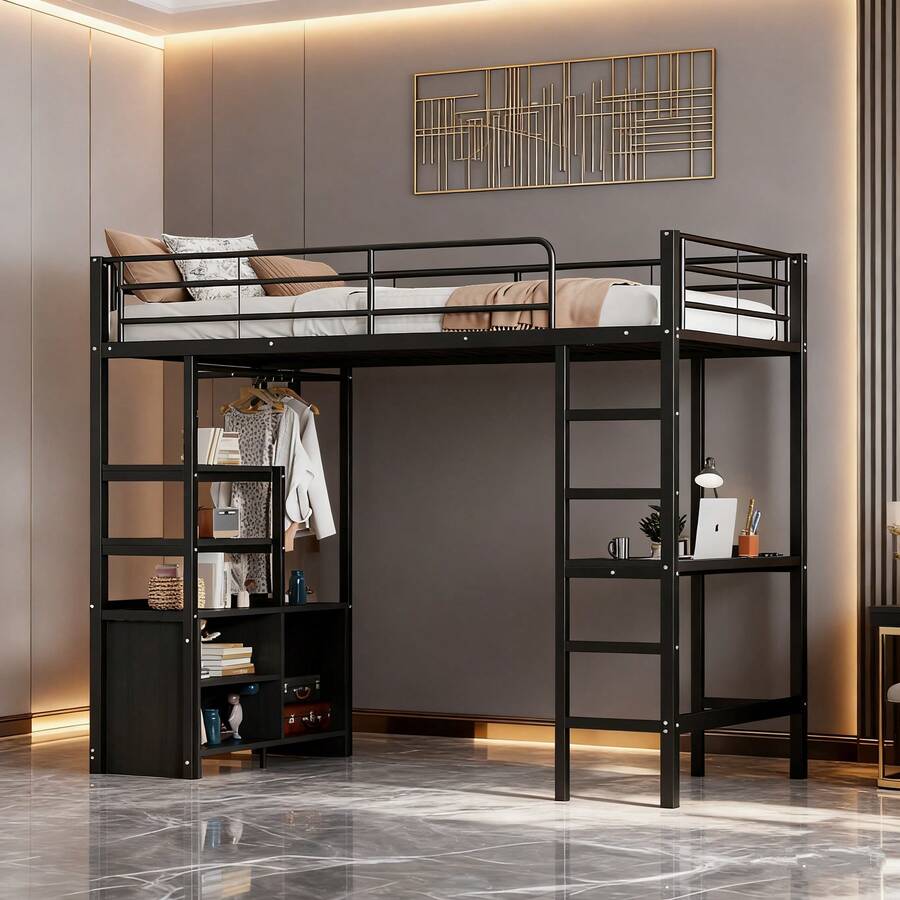 Hochbett 90x200 cm in Schwarz | Mit Schreibtisch, Steckdose+USB & Regalen | Offener Lagerschrank & Sicherheitsgeländer | Eisenrahmen ohne Matratze