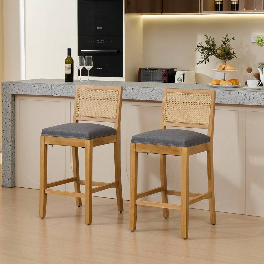 Set Of 2 Full Solid Wood Rattan-Back Bar Stool, Matte Linen Cushion With High-Resilience Foam & S-Springs, Ideal For Rustic/Natural Style Kitchen Island, Low Bar In Dining Room & Café - Xám - Xem 1