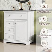 Mobiletto da bagno indipendente 76x46x87cm con lavabo, mobiletto, laccato resistente all'umidità, guide per cassetti con chiusura ammortizzata, ripiani per ante, cassetto estraibile, superficie del ripiano regolabile, grigio - Bianco + Ceramica + MDF - Visualizzare 2