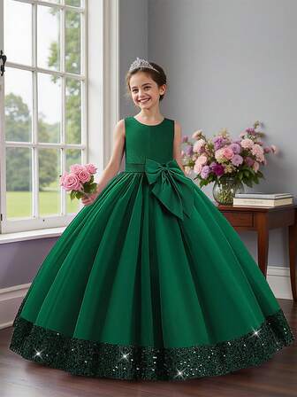 女大童正式連衣裙帶網紗覆蓋,蝴蝶結,和學校風格半身裙