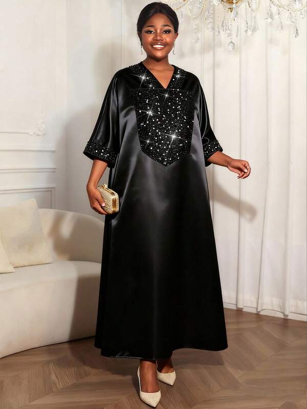 Elegant African Dress With V Neck Batwing Sleeves And Contrast Sequin Black Detail Long Woven Fabric Gown