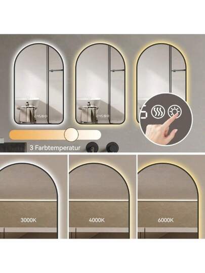 70 120 Cm Arched LED Bathroom Mirror, Time Temperature Display, Backlit, Anti Fog, Dimmable, Three Temperatures Moderne Vanity Ideal Above The Sink, Zwart Frame view 10