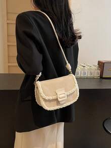 1 件装 时尚米色绒面仿毛皮饰边迷你手提包 女士 - 米色 - 查看 7