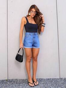 Women's High Waist Mom Jean Shorts - Navy Blue - View 7