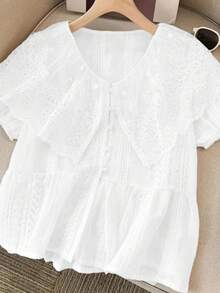 Women's Patchwork Embroidered Peter Pan Collar Mesh Puff Sleeve Single-Breasted Autumn Blouse - White - View 5