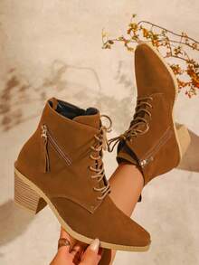 秋冬季简约风中跟粗跟棕色绒面革女士踝靴，侧拉链设计，时尚前系带优雅女士短靴 - 棕色 - 查看 3