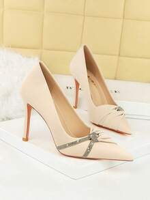 European & American Fashion High Heel Shoes, Pointed Toe, Rhinestone Bow Decor, Super High Heel, Low Vamp, Women Party Shoes