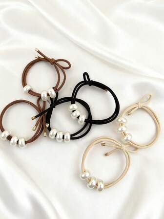 3pcs Women's Elegant Simple Beaded Hair Ties, Double-Strand High Elasticity Hair Bands For Commuting, Rubber Hair Circles And Hair Accessories ,Ponytail Holders ,Hair Elastics ,Hair Rubber Bands ,Scrunchies ,Hair Rope