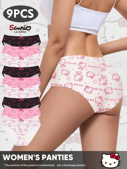Sanrio 9pcs/Pack Sanrio Kitty Cat Low-Rise Printed Panties With Bow Decor, Women's Cotton Briefs