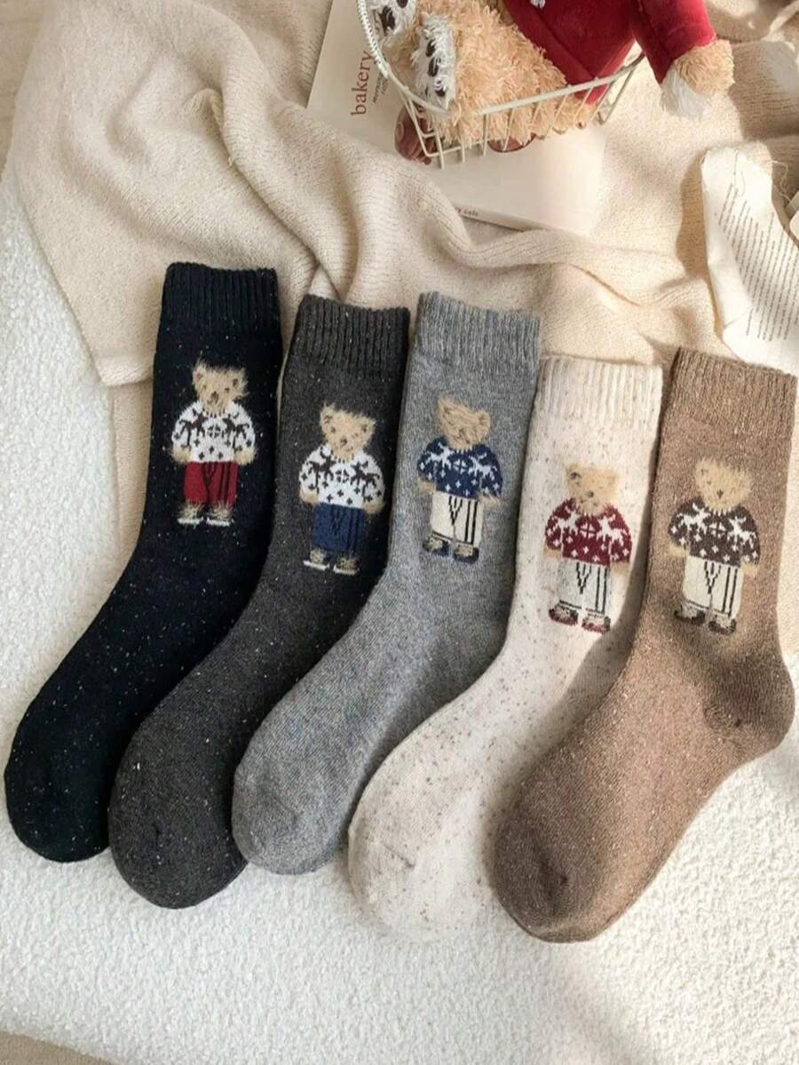 5 Pairs Autumn/Winter Warm Retro Cartoon Dotted Cute Bear Mid-Calf Socks, Fall Socks