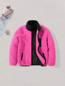 Girls' Warm Fleece Jacket, Princess Style, Pink, Long Sleeve With Pockets - Hot Pink - View 5