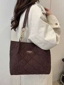 New Vintage Suede Large Tote Bag, Quilted Diamond Pattern, Faux SuedOne Shoulderder, Fashionable Gold Foil Letter Decor, Leather Label, Large Capacity, Chain Shoulder Strap, Crossbody, Dual Top Handle, Casual, Commuter, Retro Style Women Handbag, Autumn/Winter - Coffee - View 3