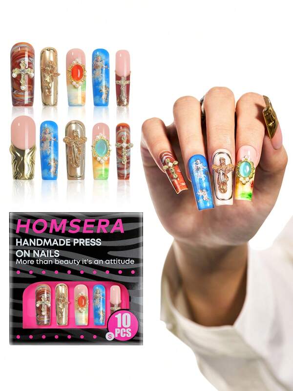 10Pcs Gold Chrome Long Square Homemade Nail Press On, Y2K Style DIY Handmade Acrylic Stamping Nail Set With Blending And 3D Gold Cross, Pearl, Portrait, Diamond Gemstone Decorations For Girls And Women Nail Supplies XXL/XXXL Daily Wear And Holiday Party Decoration Gifts