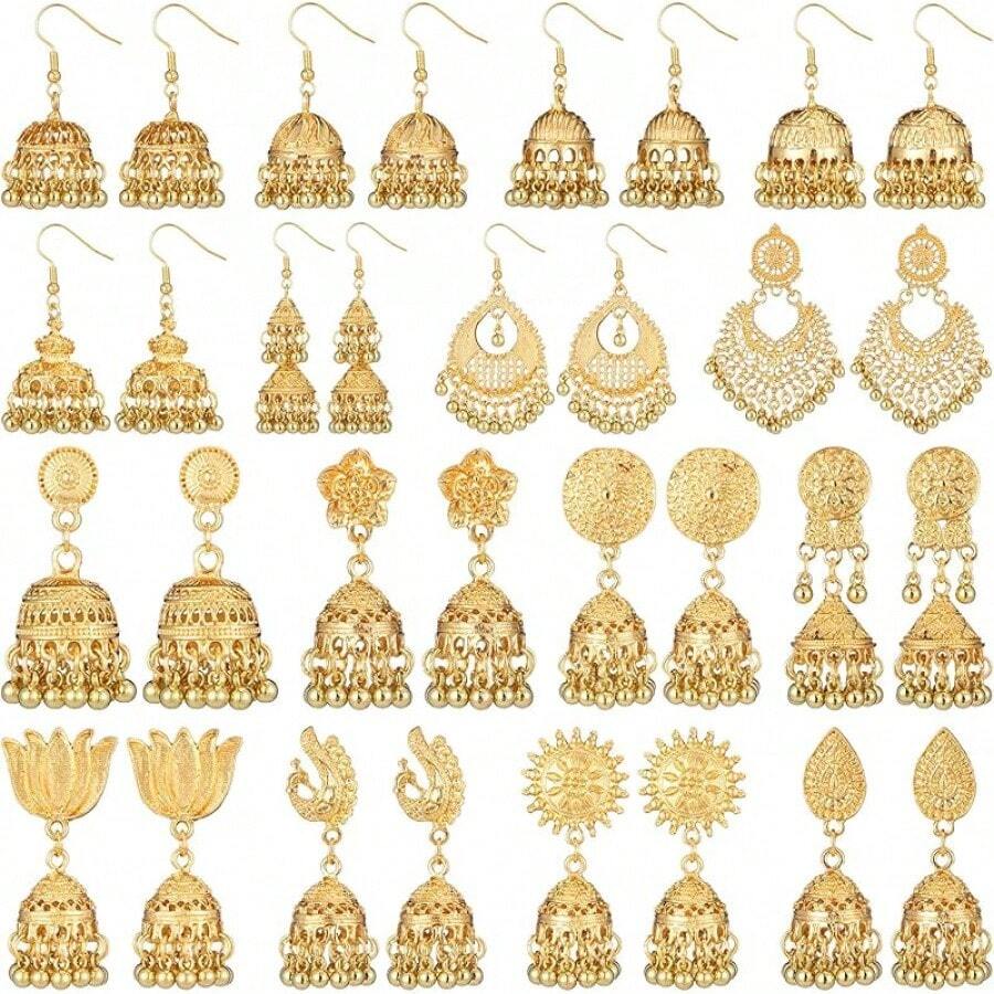 16 Pairs Jhumkas  Earrings For Women Vintage Jhumka Bell Hoop Dangle Earrings Set  Bohemian  Jewelry2025 - 金子 - 查看 1