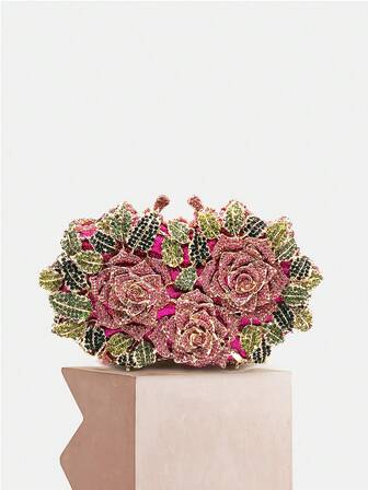 Glamorous,Elegant,Exquisite Luxurious Rose Designer Crystal Evening Clutch Bags Women New Luxury Boutique Sparkling Multicolor Diamond Flower Purses And Handbags Wedding Party&Prom Events