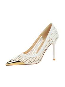 优雅的法式尖头镂空编织细高跟鞋，百搭女士派对鞋 - 白色 - 查看 7