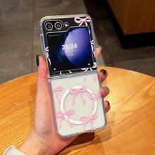 Magnetic For Samsung Galaxy Z Flip 3/4/5/6/7 Fold 3/4/5/6/7 Case, Bow Case Compatible With MagSafe, Wireless Slim Clear Ribbon Aesthetic Phone Cover Anti-Yellowing Shockproof Protective Cover For Women Girl/Christmas - 透明粉紅色 - 查看 1