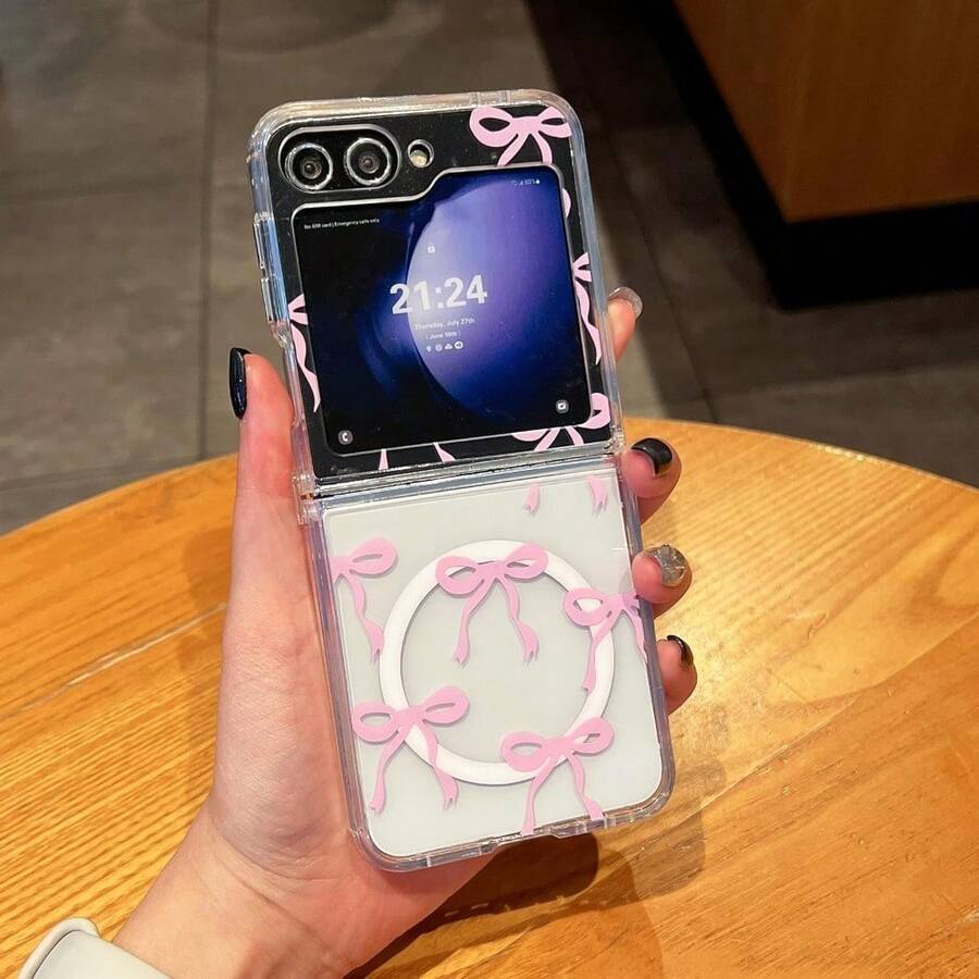 Magnetic For Samsung Galaxy Z Flip 3/4/5/6/7 Fold 3/4/5/6/7 Case, Bow Case Compatible With MagSafe, Wireless Slim Clear Ribbon Aesthetic Phone Cover Anti-Yellowing Shockproof Protective Cover For Women Girl/Christmas - 透明粉紅色 - 查看 1