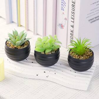 3 PiecesArtificial Succulent Mini Potted Plants Set Matched With Black/White Ribbed Flower Pots - Featuring A Modern Classic Black-And-White Style, Made Of PP/PE Materials - Ideal For Desktop Decoration And Spring Festival Celebrations