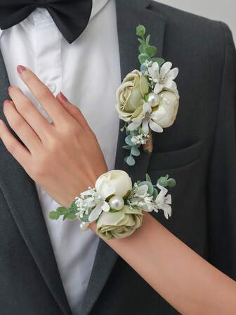 1 pieza/2 piezas Broche y corsage de muñeca floral elegante con rosa verde y capullo blanco con decoración de perlas, adecuado para el novio, la novia, el padrino, la dama de honor, decoración de boda, fiesta, evento