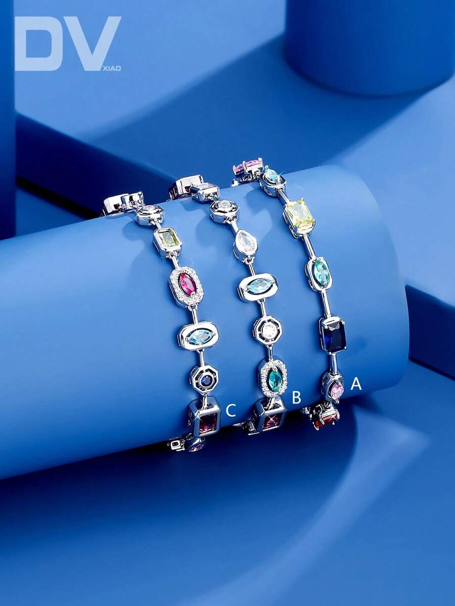 DV JEWELRY 1pc Artificial Zirconia White & Colorful Stone Bracelet, White Gold Plated Luxury Women's Bracelet, Elegant Jewelry For Date, Wedding, Party, Anniversary, Women's Gift - Silver - View 1