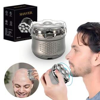 男士6D电动光头剃须刀，带LED电量显示，6个浮动刀头，磁吸功能，旋转式，无线充电，推荐用于短发，适合居家和旅行，男士礼品