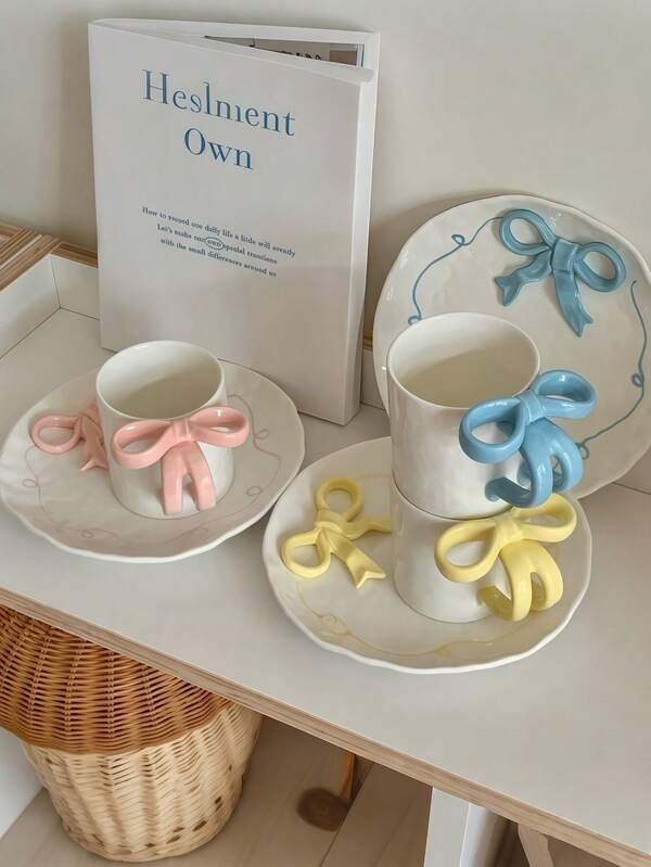 1pc Handmade Cute Niche Ceramic Mug With 3D Bowknot Design, Elegant Tea Cup And Saucer Set For Afternoon Tea And Desserts