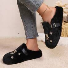 Botas de nieve para mujer 2025 de nueva temporada de invierno, de felpa, para uso en exteriores, con cierre deslizante, puntera cerrada, forro térmico falso, unicolor, forro esponjoso, botas de nieve para el hogar en invierno, botas de piel - Negro - Ver 2