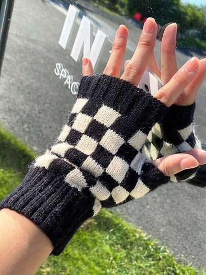 1 Pair Checkerboard Black & White Fingerless Gloves, Knitted Mittens For Young Adults, Unisex Fall & Winter Typing Gloves, Casual Loose Ins Style Gifts For Friends