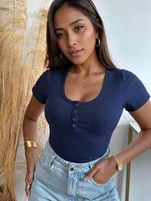 Suéter Canelado Ribana Blusa Feminina Com Botões Funcionais Manga Curta - Azul Marinho - Visão 3