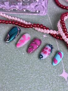 10片/套 女士美甲贴纸，法式美甲粉色渐变，粉蓝闪粉设计，全覆盖亮面亚克力可重复使用假指甲套装，含指甲胶水，适合圣诞派对、情人节约会、日常佩戴，精美礼品美甲用品，手工制作按压式美甲贴片 - 藍白色 - 查看 5