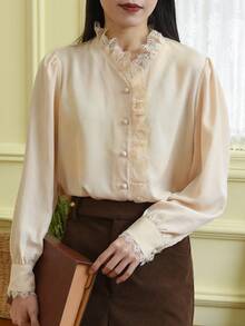 Simple Retro Polyester Pusher Long Sleeve Ruffled Turtleneck Shirt - Apricot - View 4