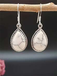1 Pair Vintage Bohemian Style White Teardrop Faux Turquoise Inlaid Pendant Earrings, Suitable For Women's Daily, Party, Travel Jewelry Gift
