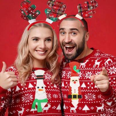 8 szt. – Stroje na imprezy świąteczne, odpowiednie na imprezy i do fotografii – Akcesoria do krawatów świątecznych – Krawaty w stylu renifera, bałwana, czapki świąteczne, z błyszczącą ozdobą kołnierza | Miękkość jak 960 ściegów (brak)