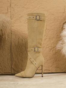 秋冬季 12厘米性感时尚皮革绑带金属扣铆钉尖头休闲百搭侧拉链细高跟绿色长靴女款 - 薄荷綠 - 查看 7