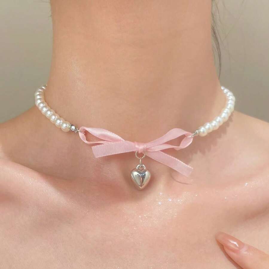 1pc Elegant Necklaces For Women,Heart Shaped Bow Pendant,Pink Choker,Pearl Necklace,Heart Necklaces,Gifts For Women,Jewelry Women