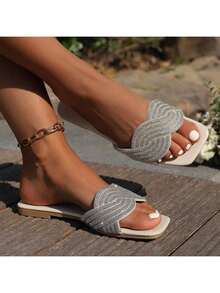 Las mujeres sandalias planas ondulación zapatos de diamantes de imitación Europa y los Estados Unidos de alto nivel de la moda flash de diamantes sandalias planas zapatillas - Blanco - Ver 1