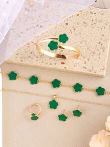 5pcs/Set Lucky Clover Design Necklace, Earrings, Bracelet And Ring - 綠色 - 查看 3