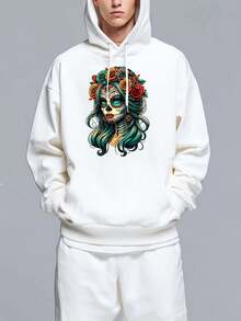 Halloween Hooded Sweatshirt - Women's La Catrina Floral Hooded Sweatshirt - Mexican Day Of The Dead Sugar Skull Top, Casual Attire - Machine Washable Casual Hooded Sweatshirt, Seasonal Fashion, Vibrant Print, Breathable Material - White - View 1