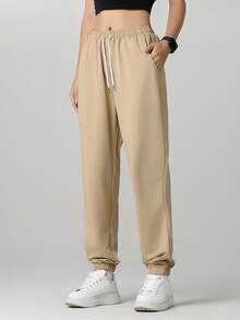 1pc Women's Solid Color Pocket Casual Pants, Versatile For Hiking, Traveling, Outdoor Sports, Running, Cycling, And Jogging - Khaki - View 10