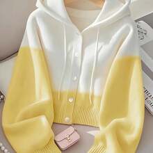 Women's Gradient Color-Block Hooded Sweater Cardigan - Cropped Button-Front Jacket With Chest Pocket, Medium Stretch For Fall/Winter Layering, Soft White To Tones (Office To Casual Outfits) - Easy-Care Sweater Gym Clothes Women Leggings Winter Clothes For Women Glowmode - 黃色 - 查看 1