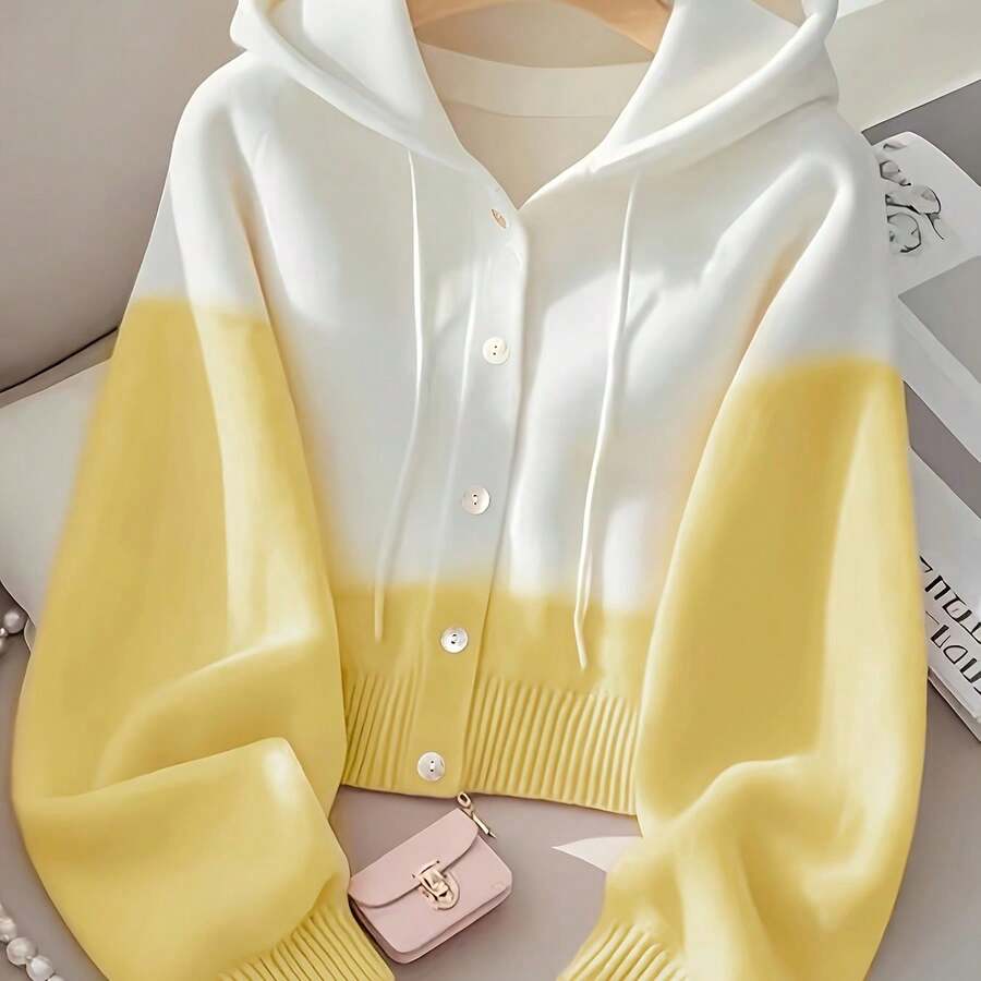 Women's Gradient Color-Block Hooded Sweater Cardigan - Cropped Button-Front Jacket With Chest Pocket, Medium Stretch For Fall/Winter Layering, Soft White To Tones (Office To Casual Outfits) - Easy-Care Sweater Gym Clothes Women Leggings Winter Clothes For Women Glowmode - 黃色 - 查看 1