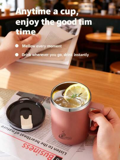 2025 年圣诞礼物推荐：时尚黑色不锈钢带手柄咖啡杯——送给男士的完美圣诞礼物，也是圣诞节装饰的理想之选，必备圣诞咖啡杯，带有白色咖啡图案和“COFFEE”字样，黑色杯盖搭配白色按压式设计